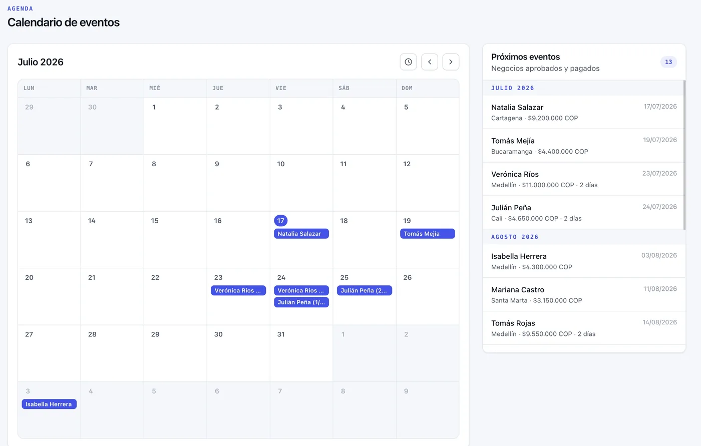 Calendario mensual de Cobri con eventos confirmados y la lista de próximos eventos.